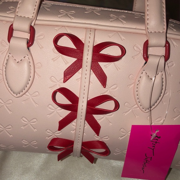 Betsey Johnson Pink Multi E/W Shoulder Bag With Embossed Bows & Red Bows NWT - Picture 6 of 16